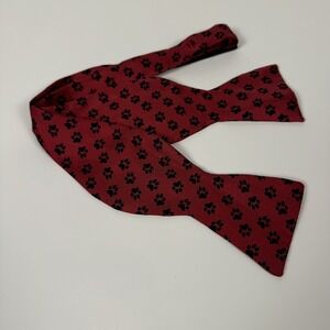 Josh Bach 100% Silk Bow Tie Red w/Blue Dog Paw Prints Made in NYC Self-Tie 2.5"